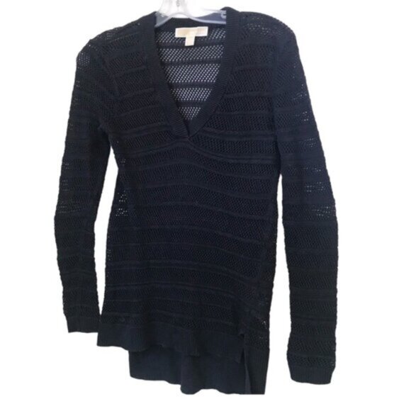 Michael Kors Cotton V Neck Open Knit Lightweight Sweater High Low Slit Hem Knit - Picture 2 of 14